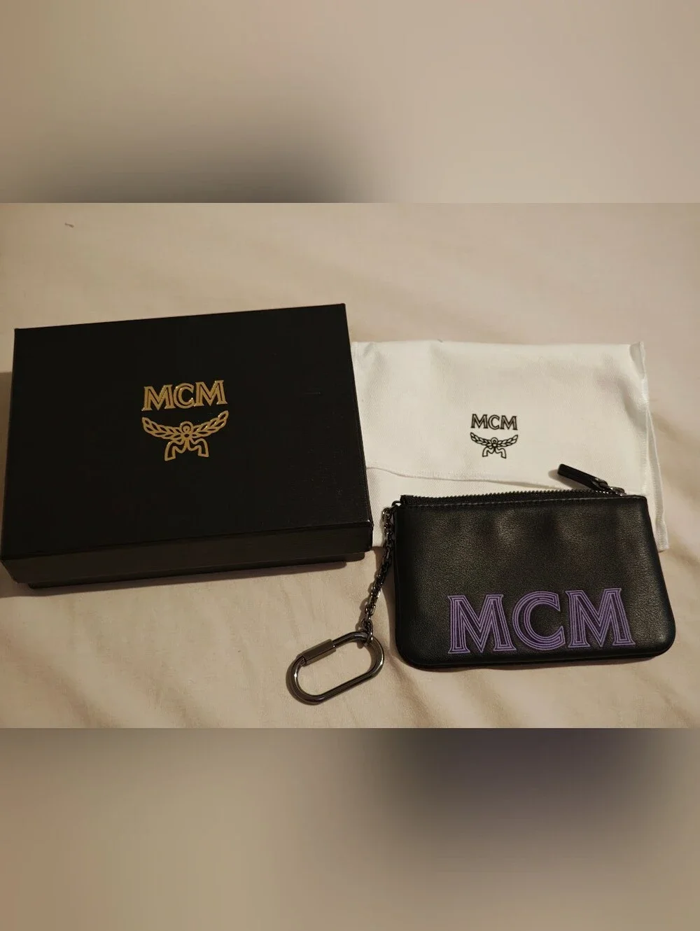 MCM Black Leather Zip Pouch with Purple Logo